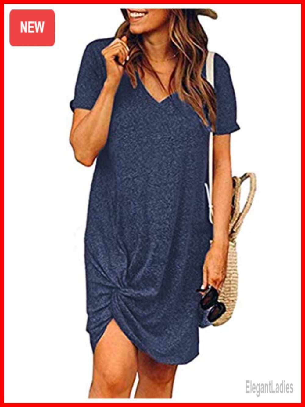 Women's Twist Knot V Neck Short Sleeve Casual Loose Knee Length T Shirt Dress